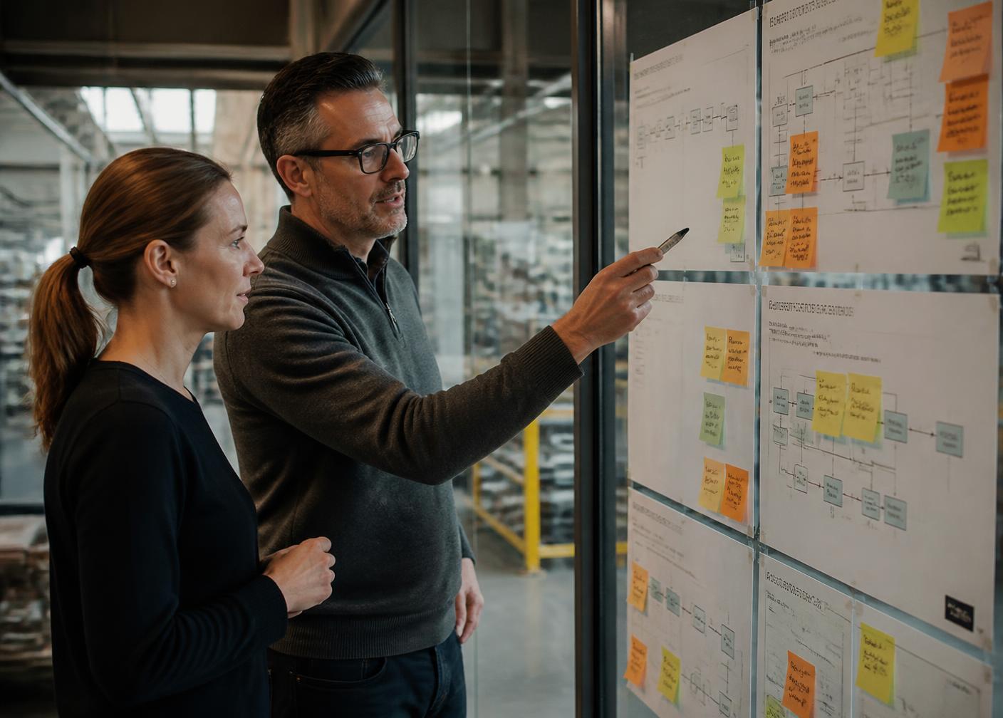 Consultants reviewing process maps on a plant office wall